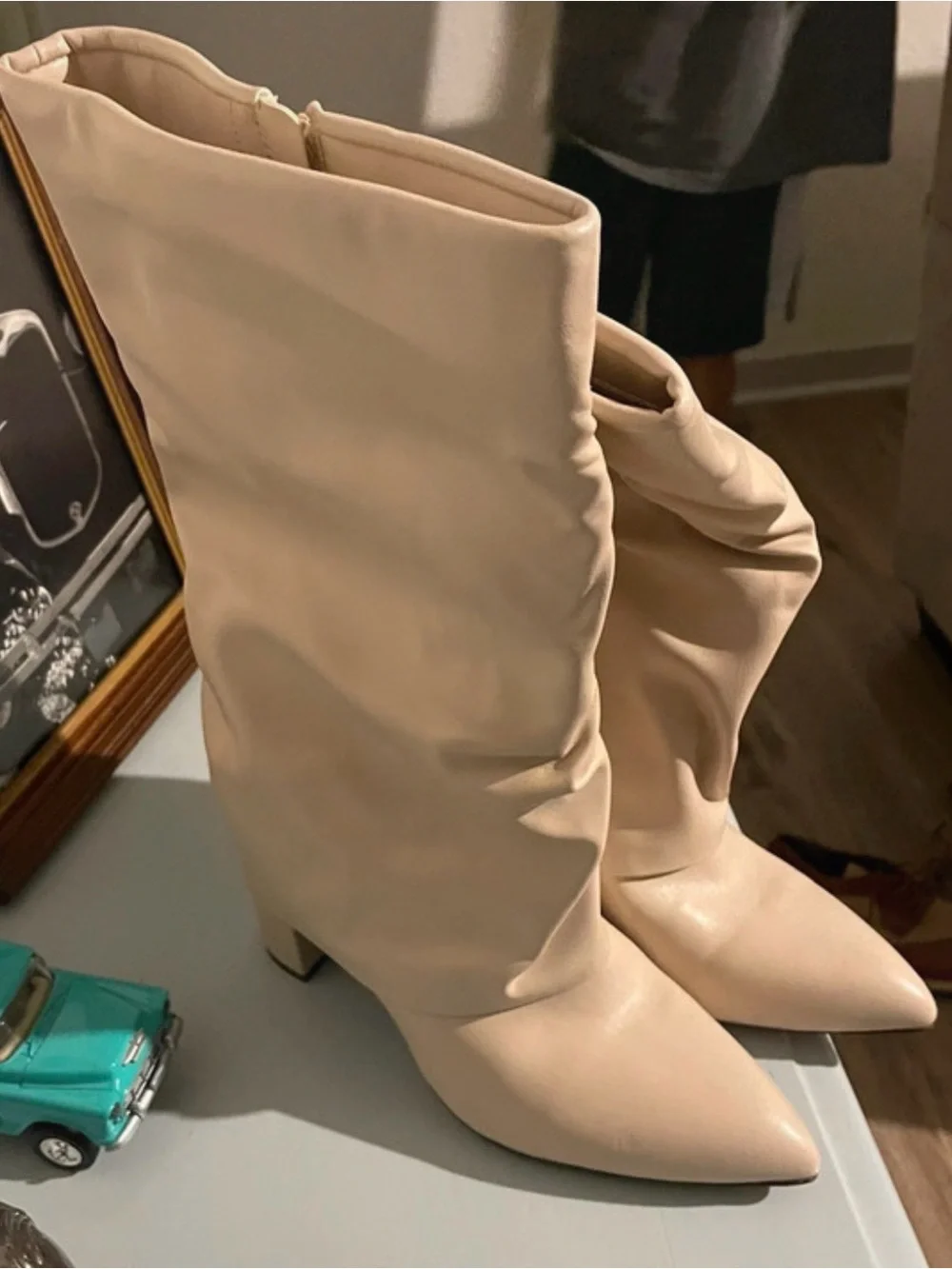 Unisa Beige Slouchy Knee-High Pointed Toe Boots